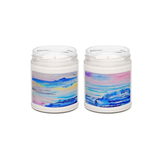 Two scented candles with watercolor designs