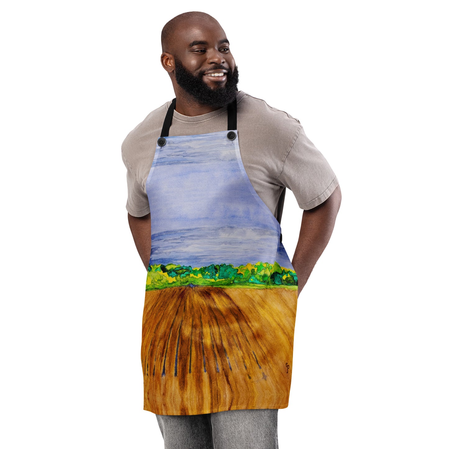 Durable kitchen apron featuring original artwork—adjustable fit with spacious front pockets, perfect for cooking, baking, grilling, or crafting in style; ideal for home chefs and creative gift ideas.