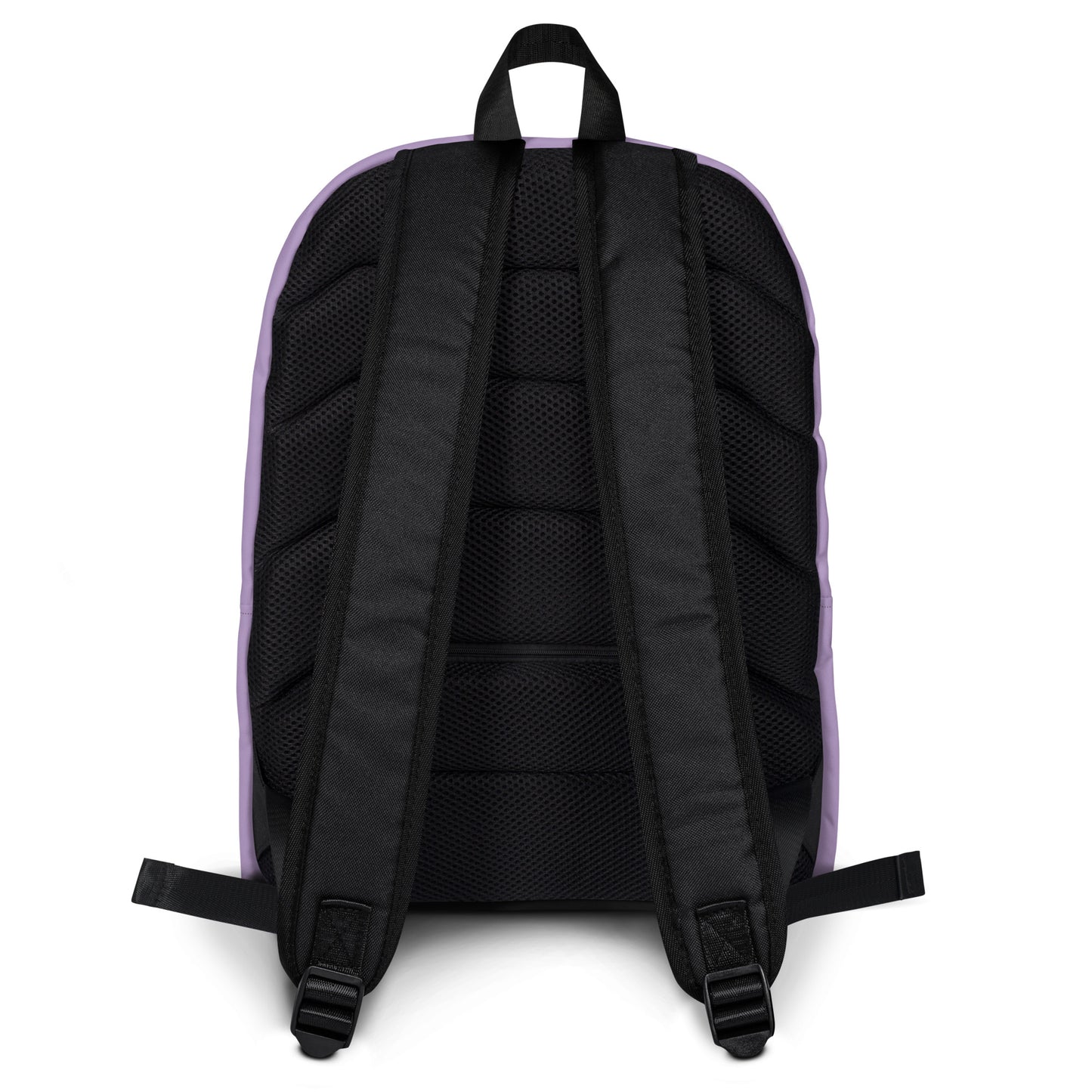 Backpack with black straps and purple accents on a white background
