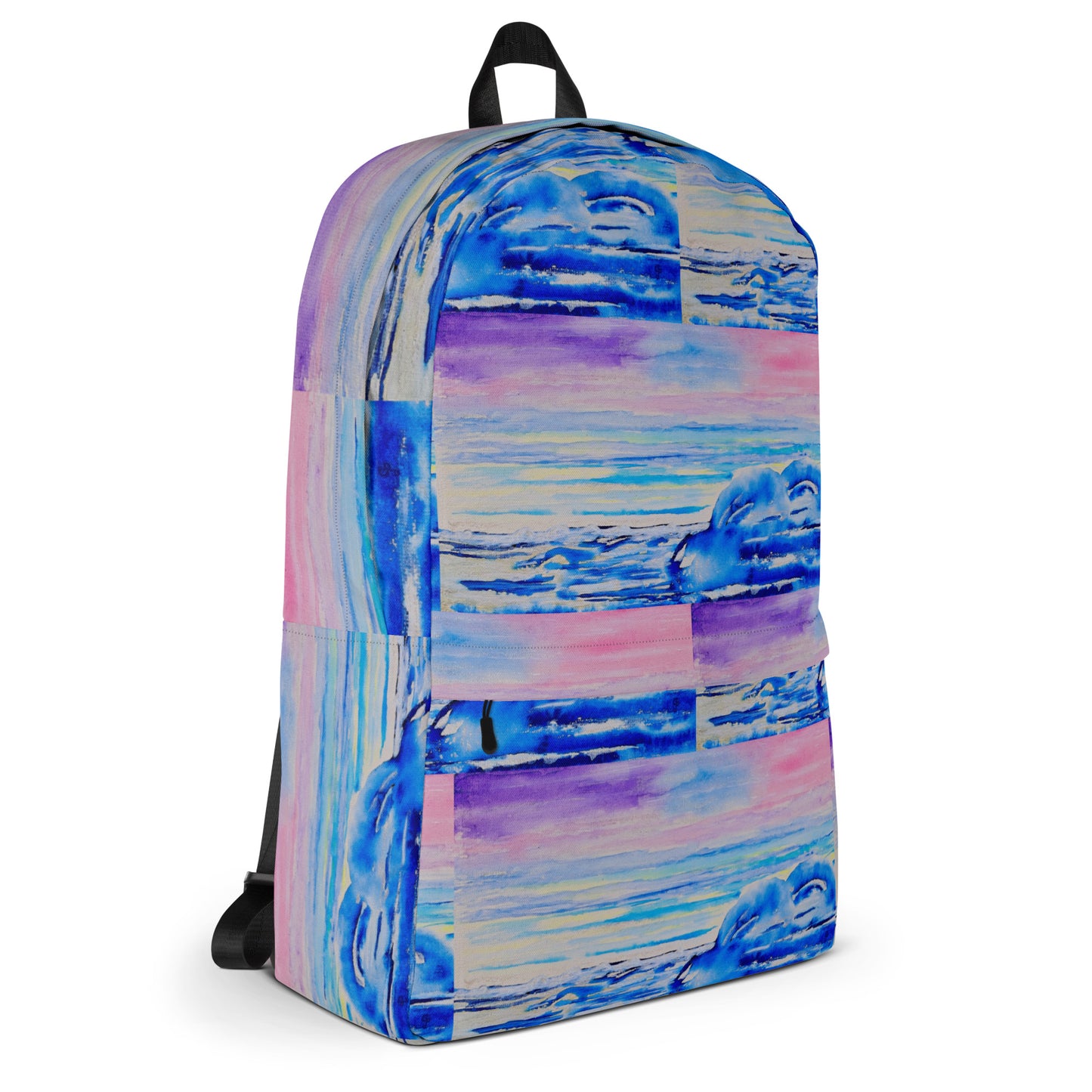Stylish backpack featuring original artwork, with spacious compartments and durable construction—perfect for school, travel, work, or everyday use; combines function with artistic flair.