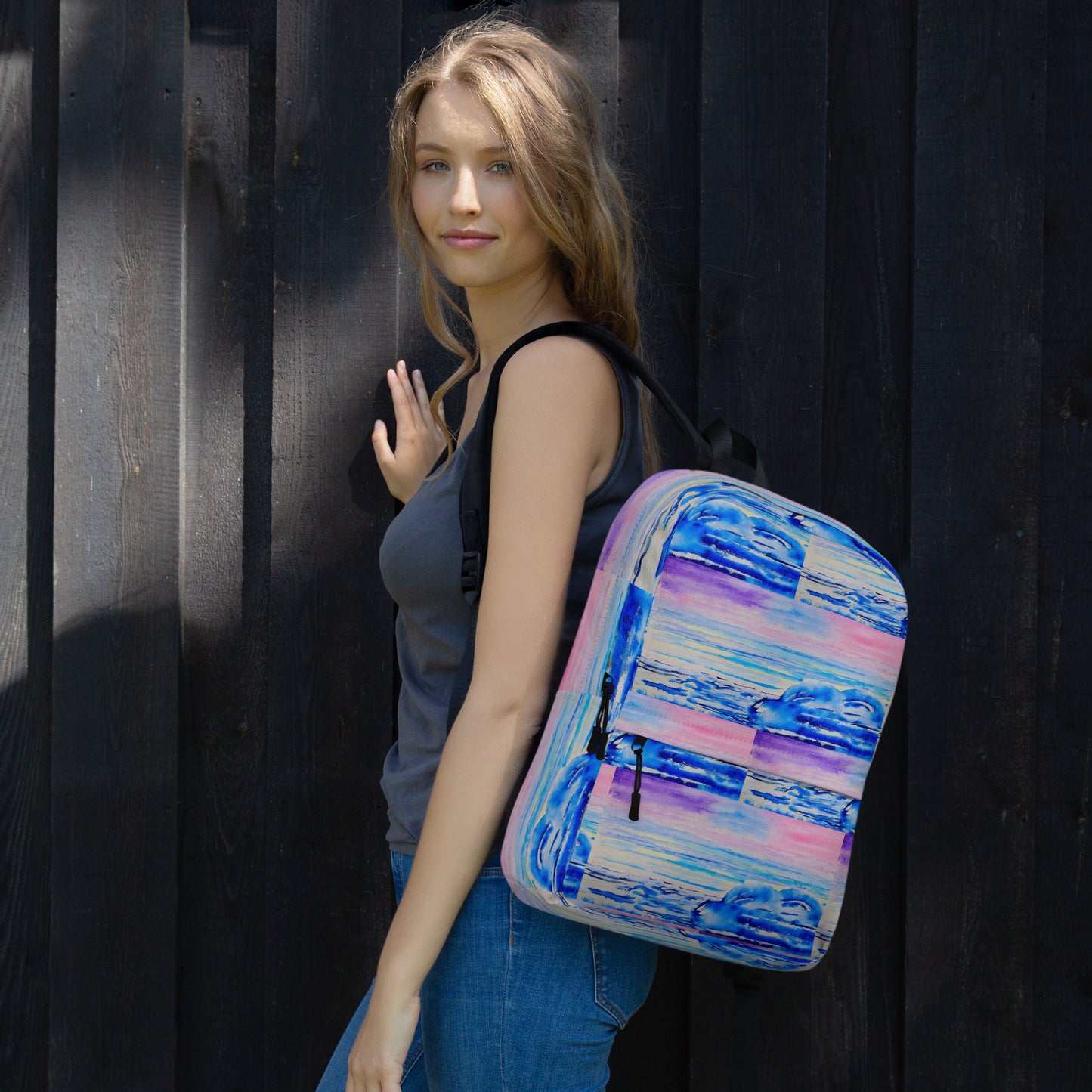 Stylish backpack featuring original artwork, with spacious compartments and durable construction—perfect for school, travel, work, or everyday use; combines function with artistic flair.
