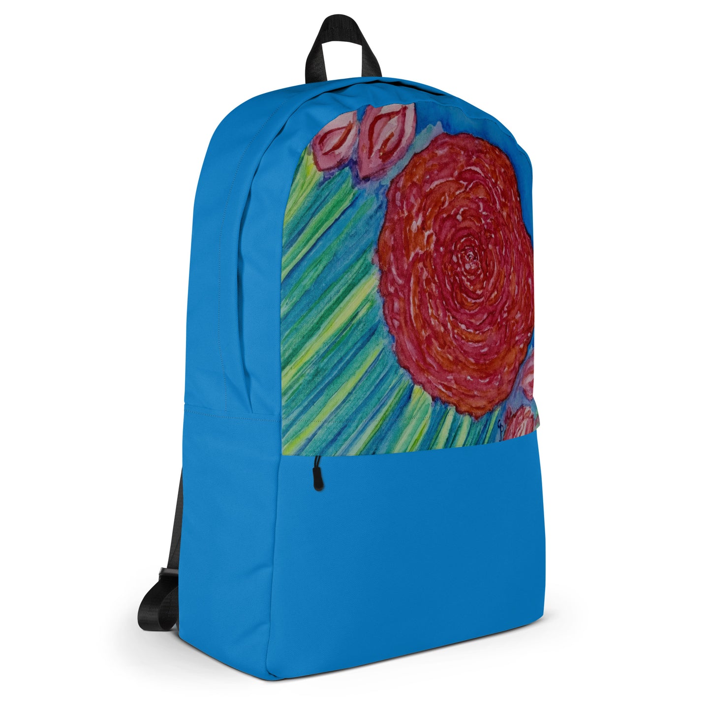 Blue backpack with a colorful floral design on a white background