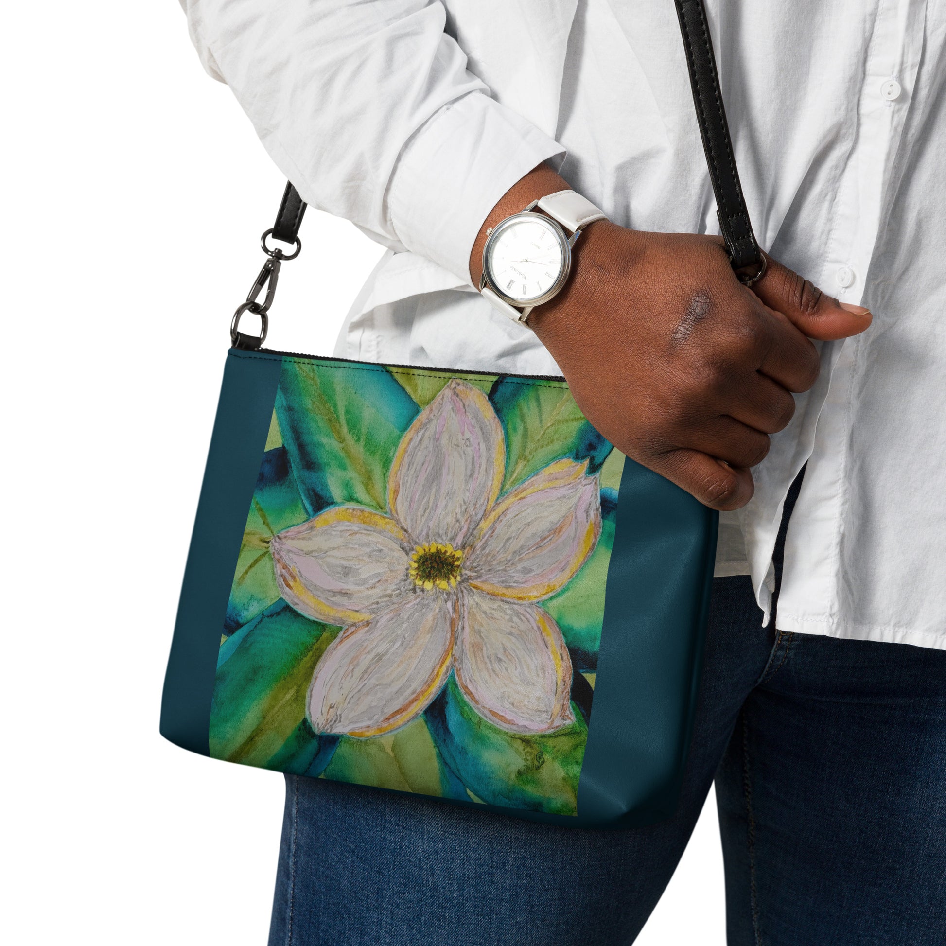 Stylish crossbody bag featuring original artwork—compact, lightweight, and designed for hands-free convenience; perfect for everyday use, travel, or festivals with artistic flair and functional storage.