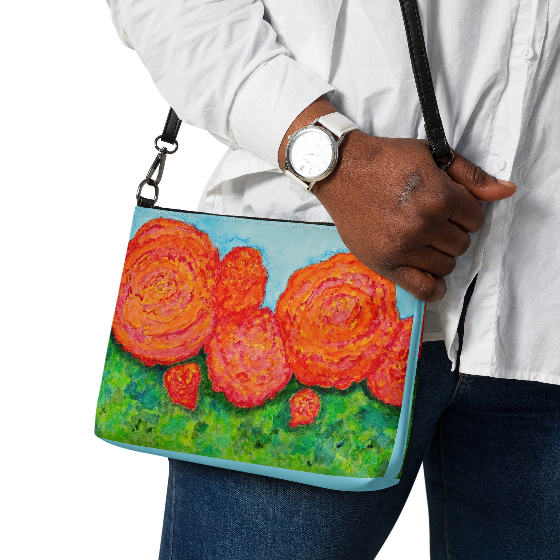 Stylish crossbody bag featuring original artwork—compact, lightweight, and designed for hands-free convenience; perfect for everyday use, travel, or festivals with artistic flair and functional storage.