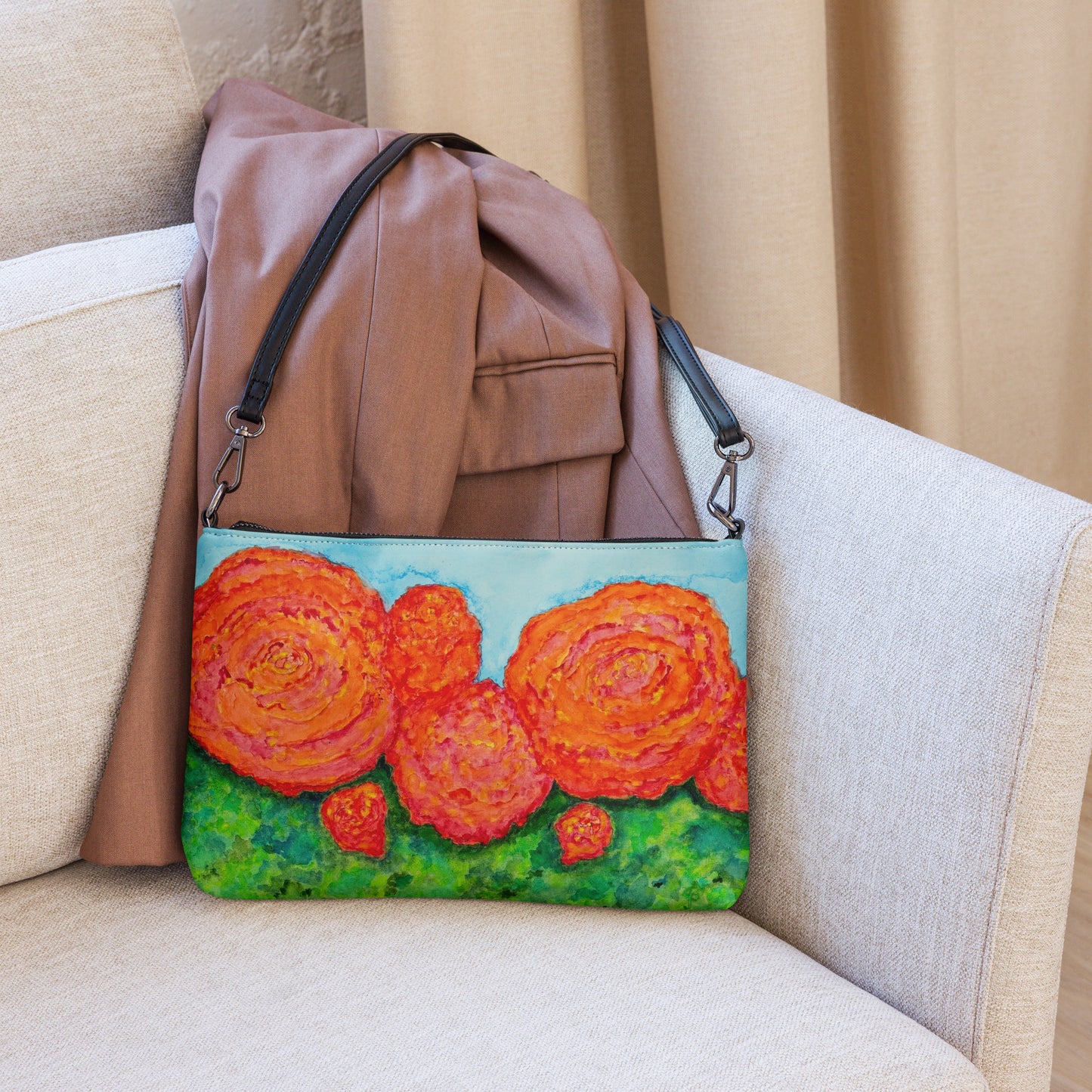 Stylish crossbody bag featuring original artwork—compact, lightweight, and designed for hands-free convenience; perfect for everyday use, travel, or festivals with artistic flair and functional storage.