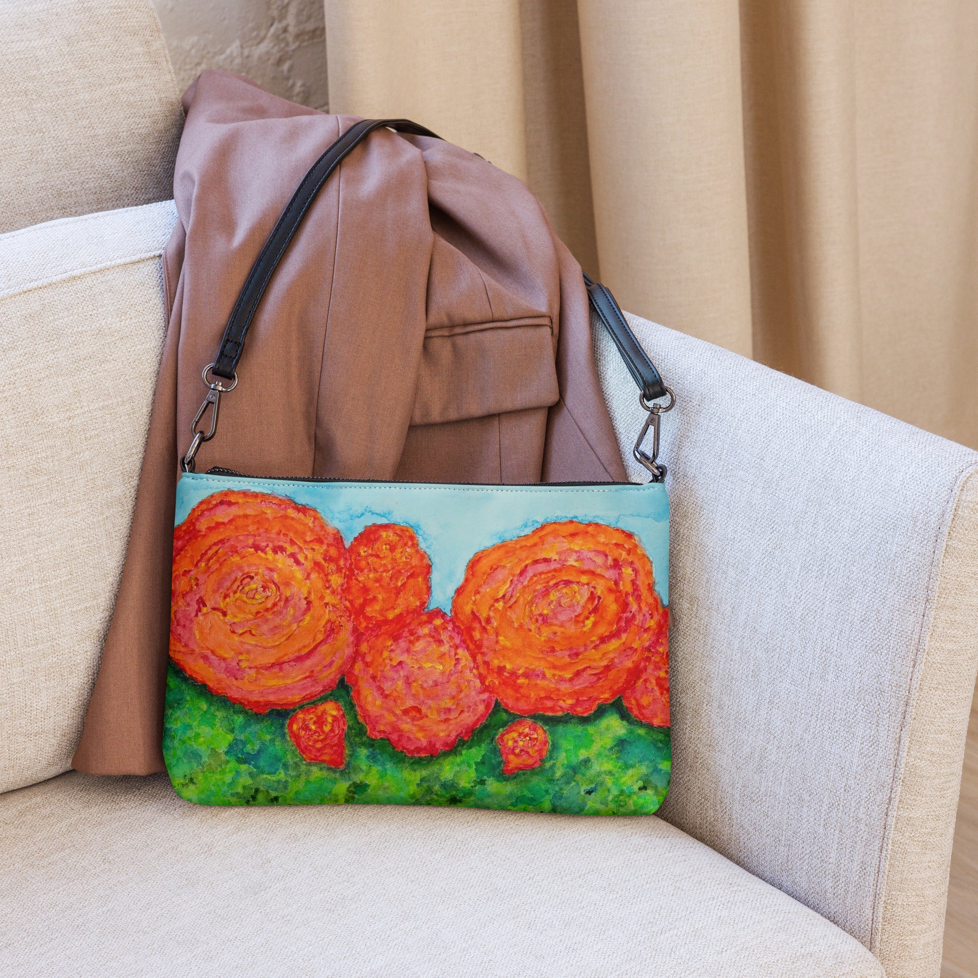 Stylish crossbody bag featuring original artwork—compact, lightweight, and designed for hands-free convenience; perfect for everyday use, travel, or festivals with artistic flair and functional storage.