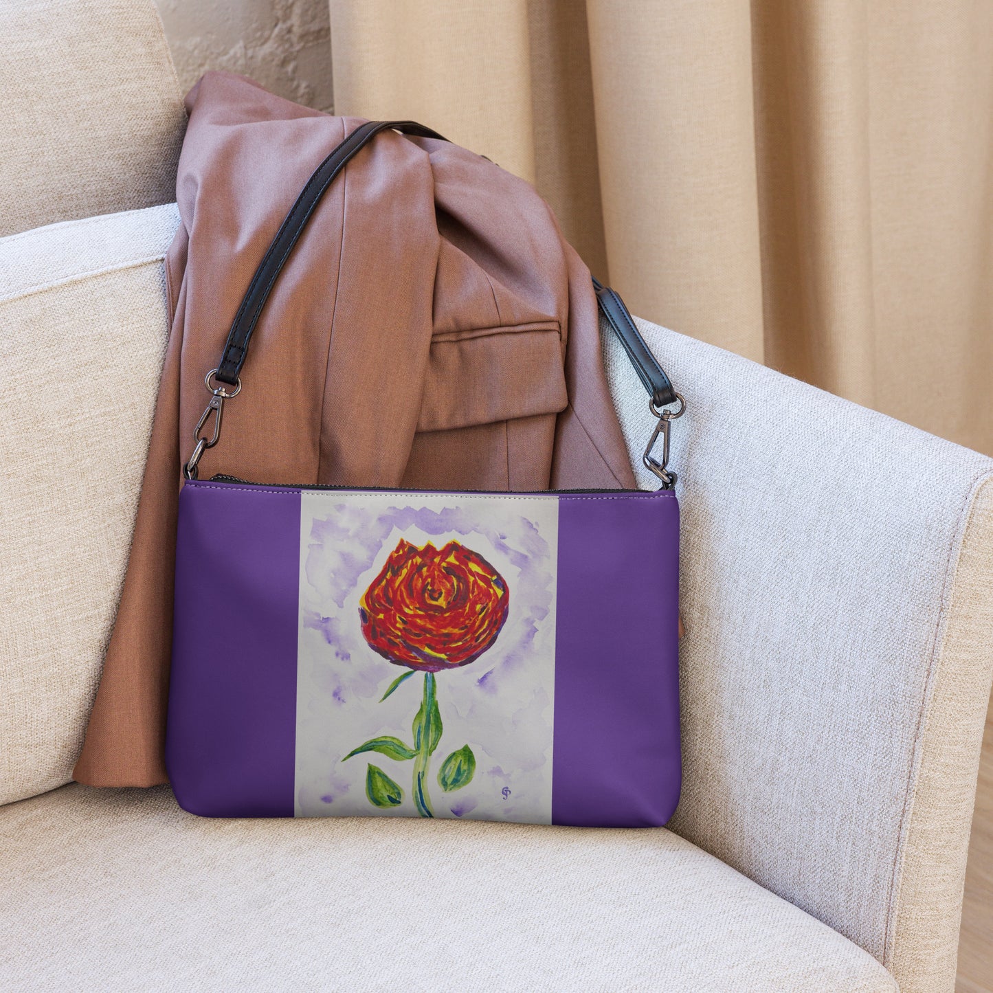 Stylish crossbody bag featuring original artwork—compact, lightweight, and designed for hands-free convenience; perfect for everyday use, travel, or festivals with artistic flair and functional storage.