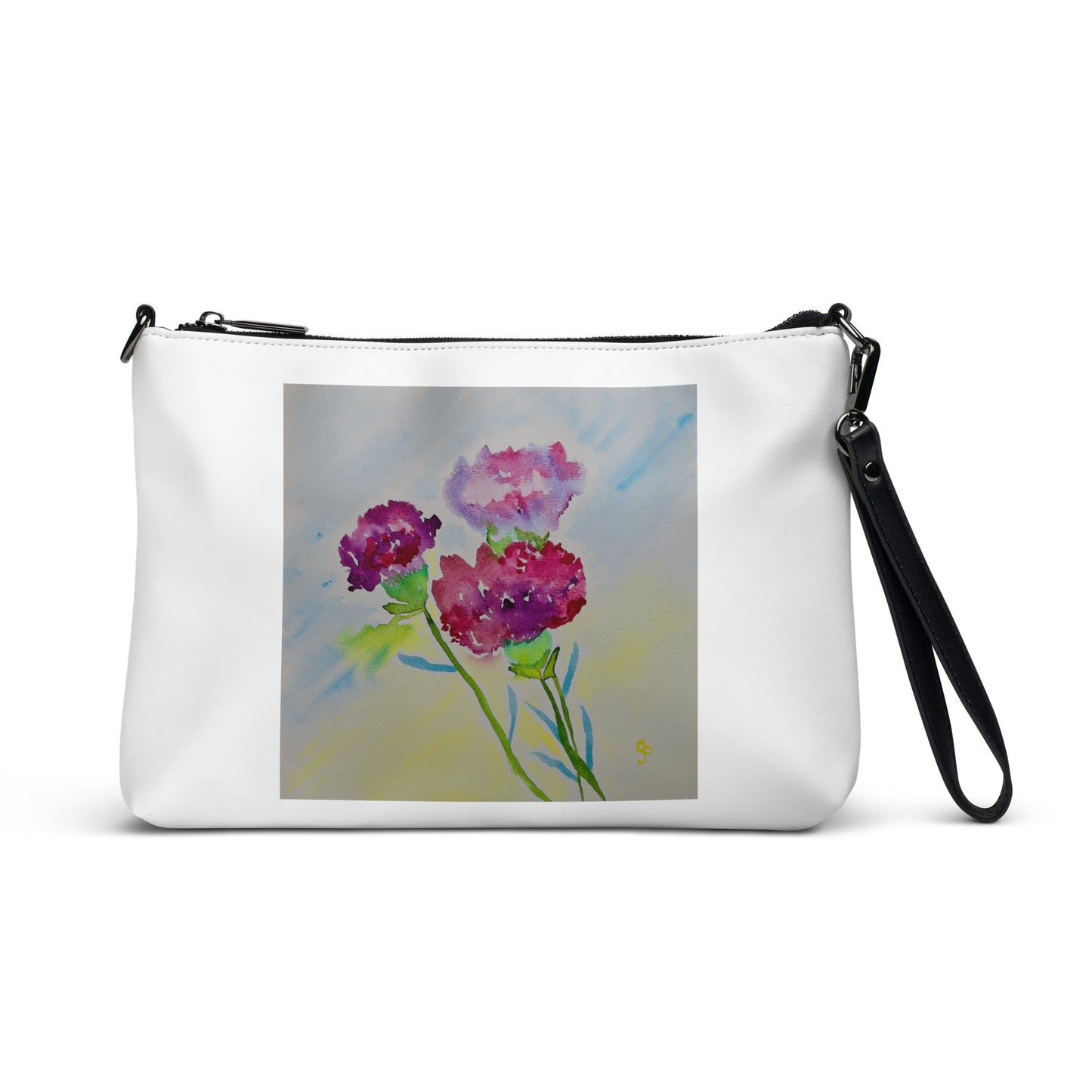 White pouch with a floral design on a white background