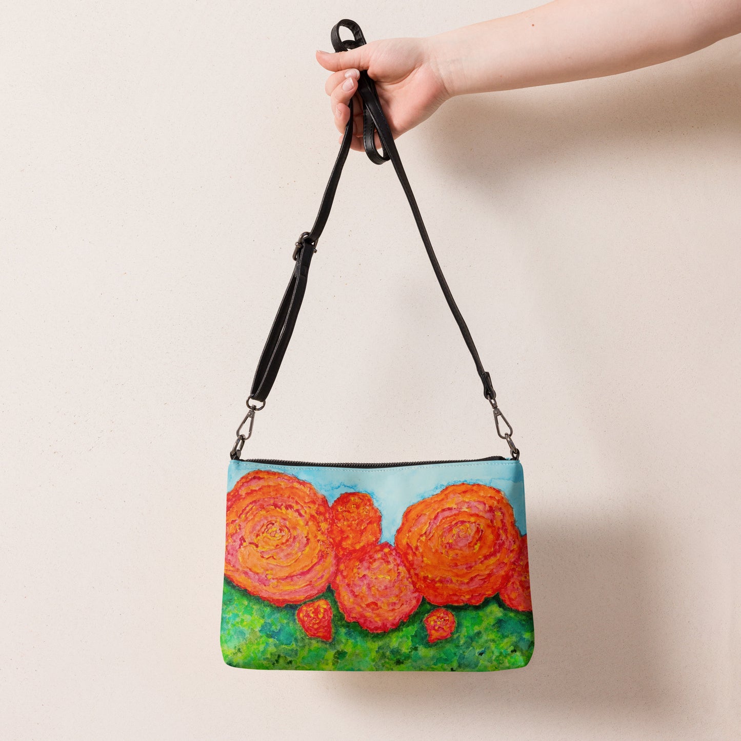 Stylish crossbody bag featuring original artwork—compact, lightweight, and designed for hands-free convenience; perfect for everyday use, travel, or festivals with artistic flair and functional storage.