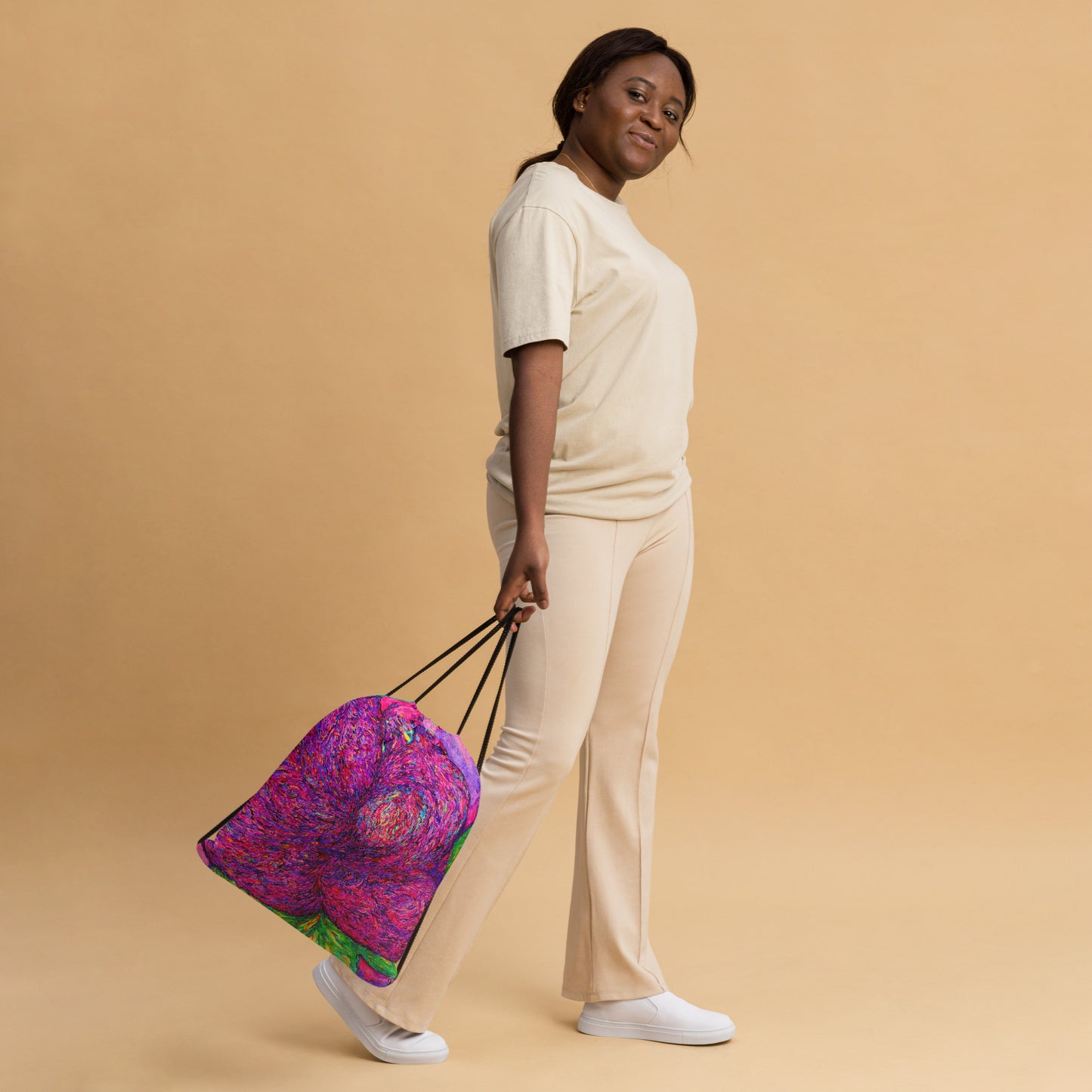 Lightweight drawstring bag featuring original artwork—perfect for gym, sports, travel, or daily errands; durable, compact, and stylish for art lovers on the go.