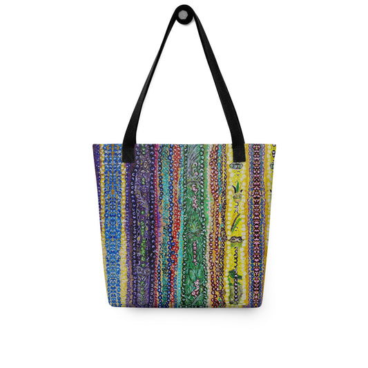 Colorful patterned tote bag with a black handle