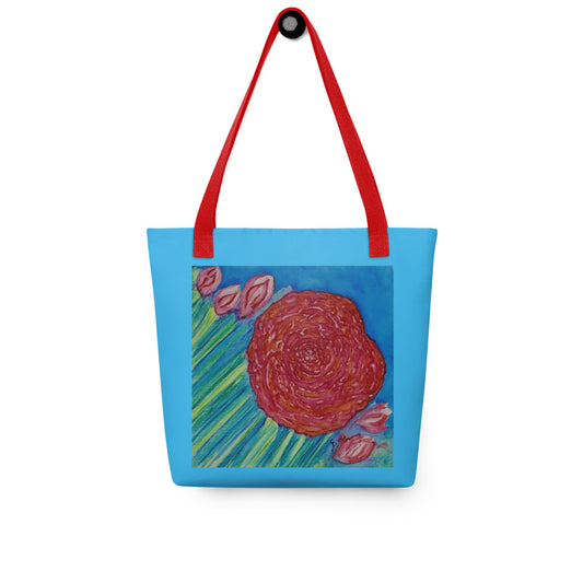 Blue tote bag with a red rose design