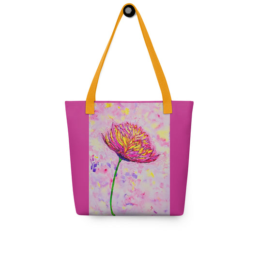 Tote bag with a colorful flower design on a pink background