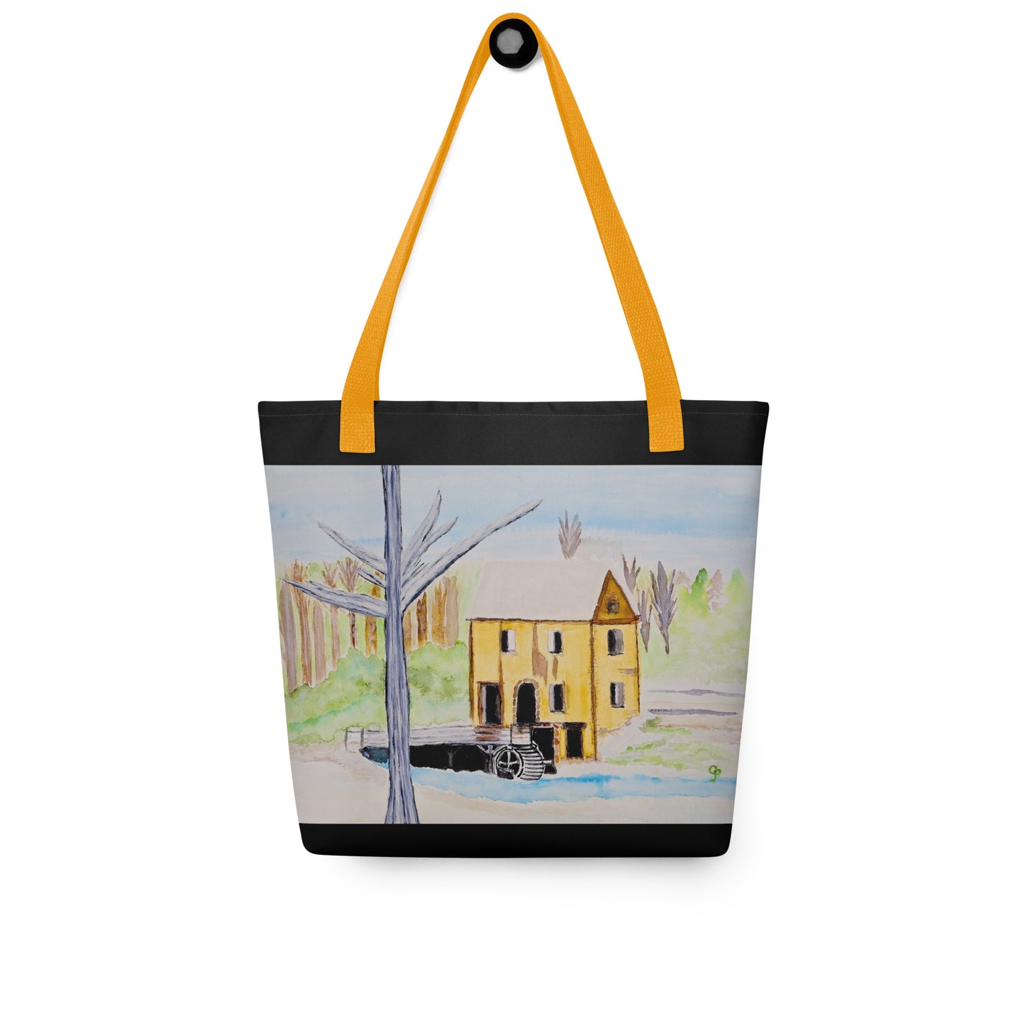 Tote bag with a yellow house design