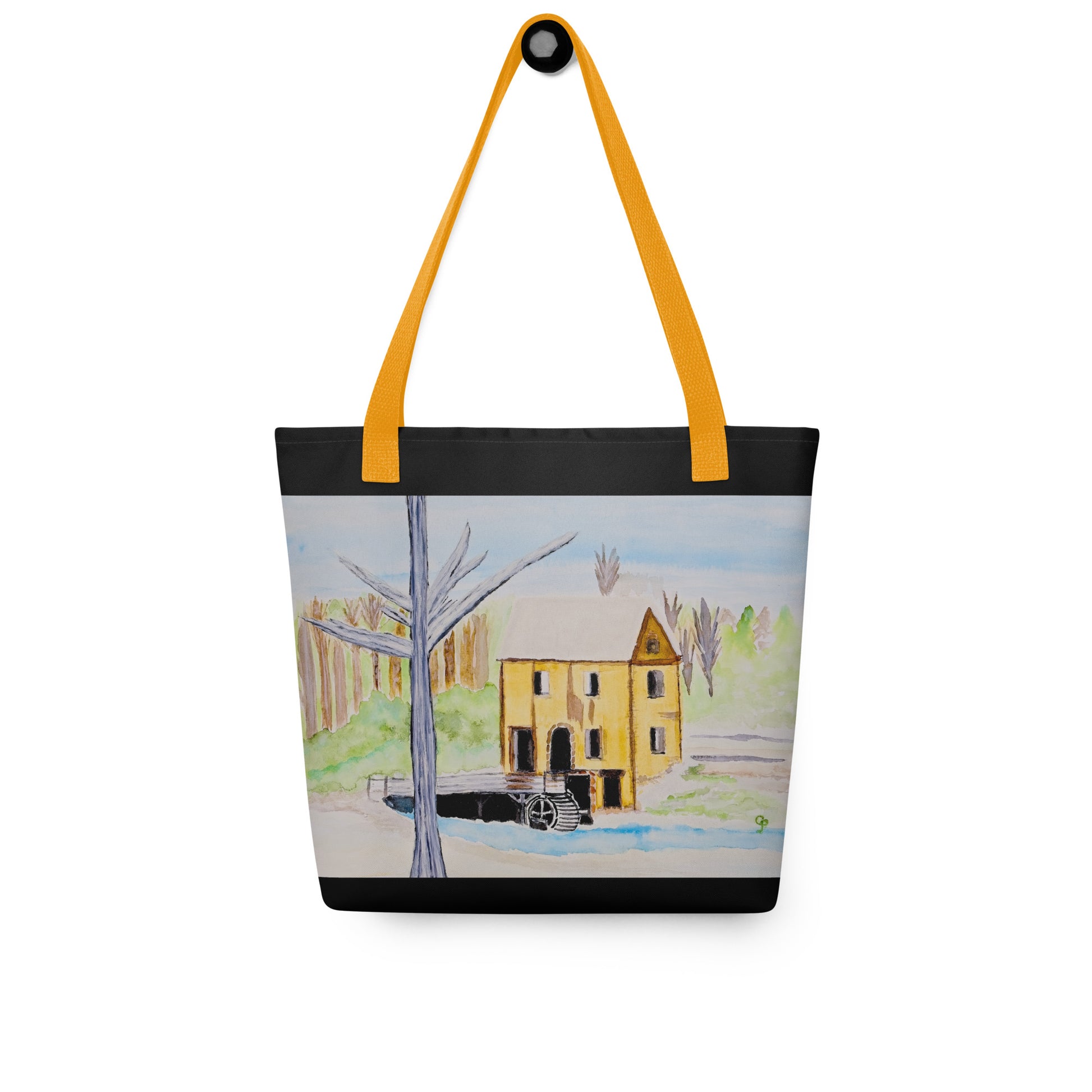 Tote bag with a yellow house design
