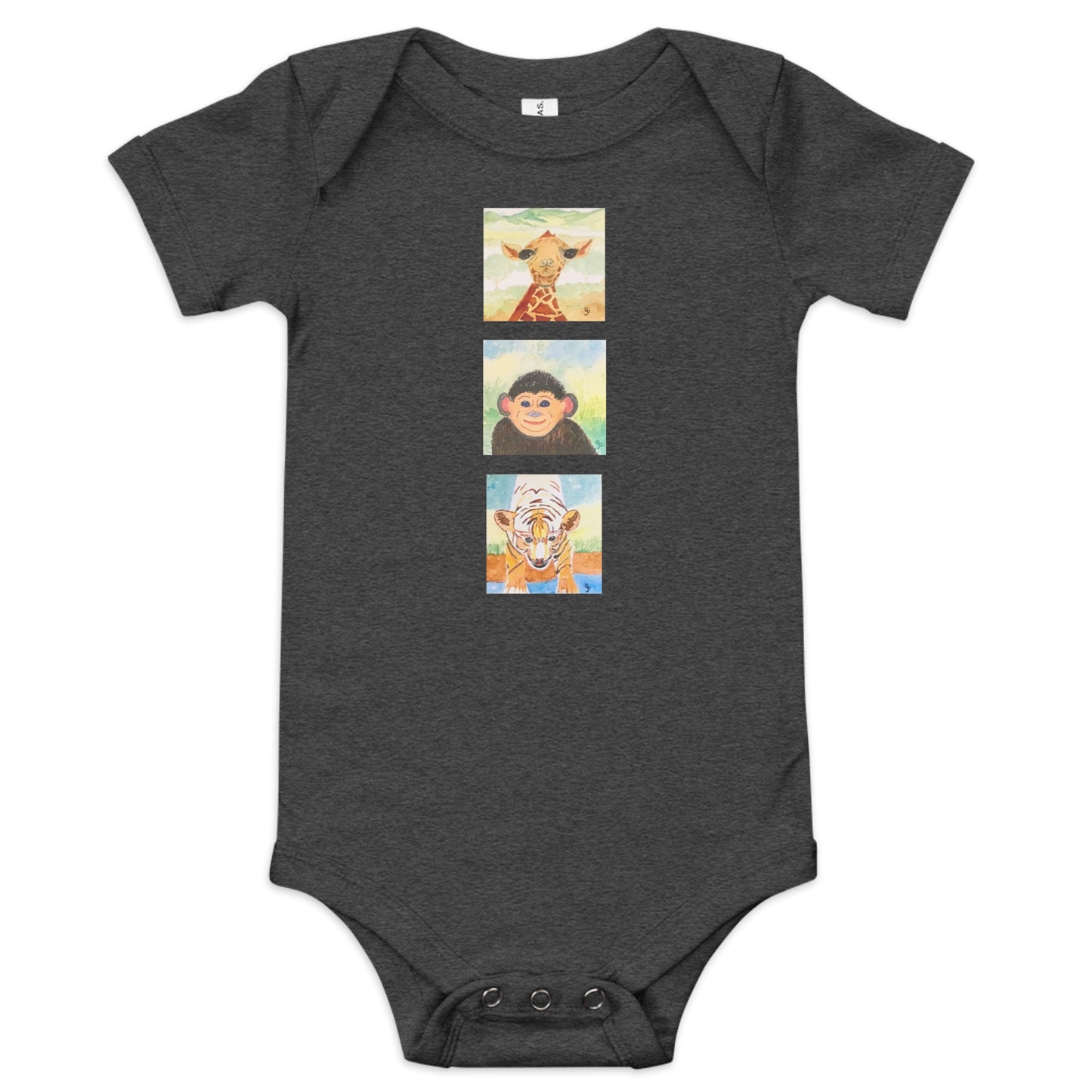 Dark gray baby onesie with animal illustrations on a white background