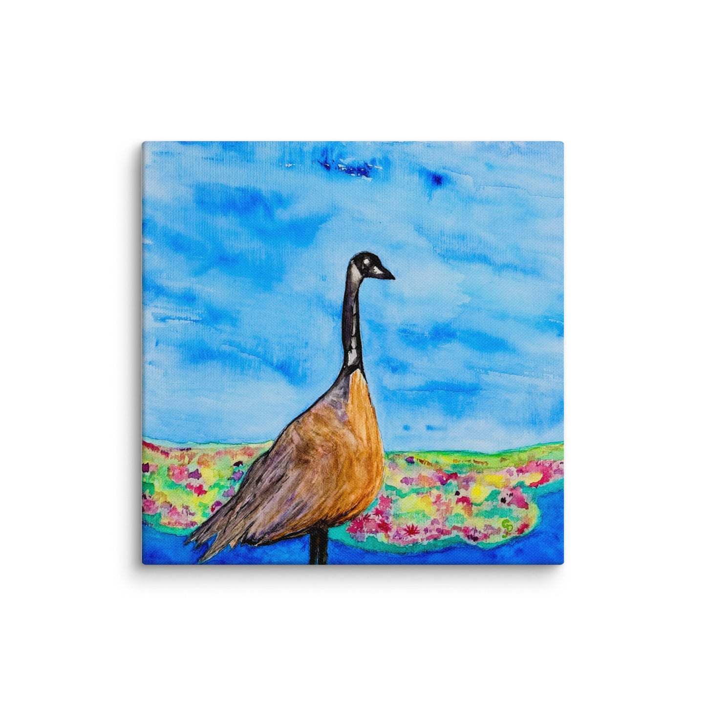 Painting of a goose with a colorful landscape and blue sky.