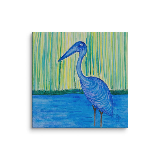 Painting of a blue heron standing in water with a green and blue striped background