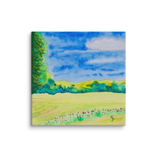 Painting of a landscape with trees, sky, and field on a white background