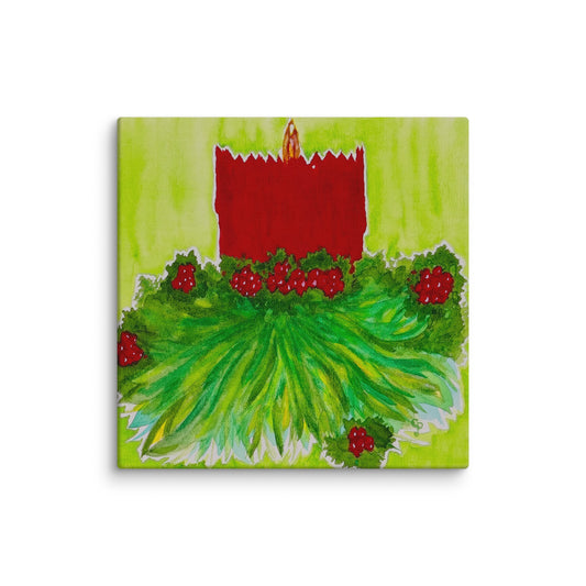 Painting of a red candle in a green wreath with berries on a white background