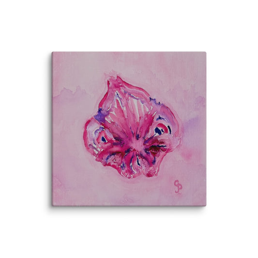 Canvas painting of a pink and purple abstract design on a light pink background