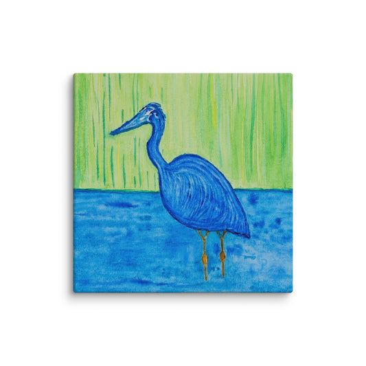 Painting of a blue heron standing in water with green reeds in the background