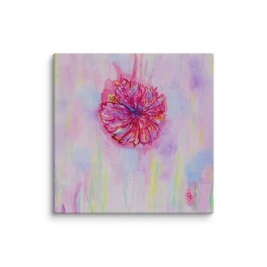Canvas print with a pink flower on a colorful abstract background