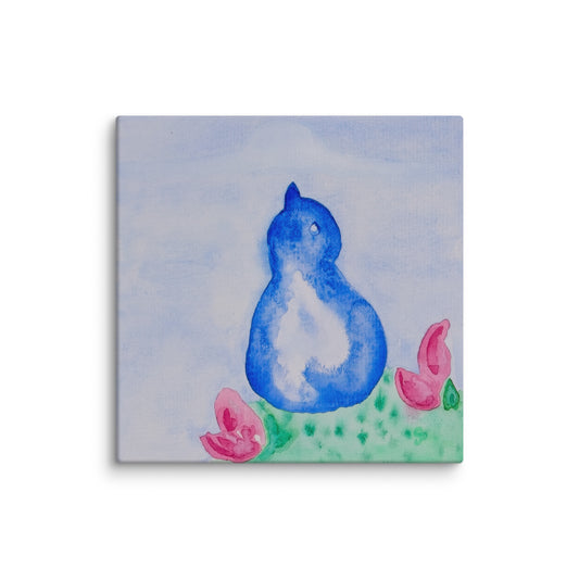 Canvas print with a blue bird and pink flowers on a light blue background