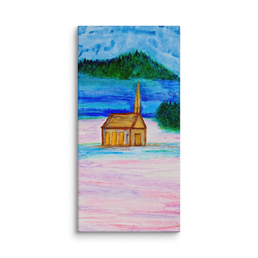 Painting of a small church on a lake with trees in the background