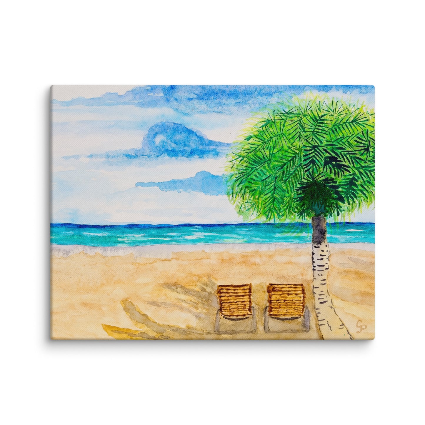 Painting of a beach scene with a tree and two chairs.