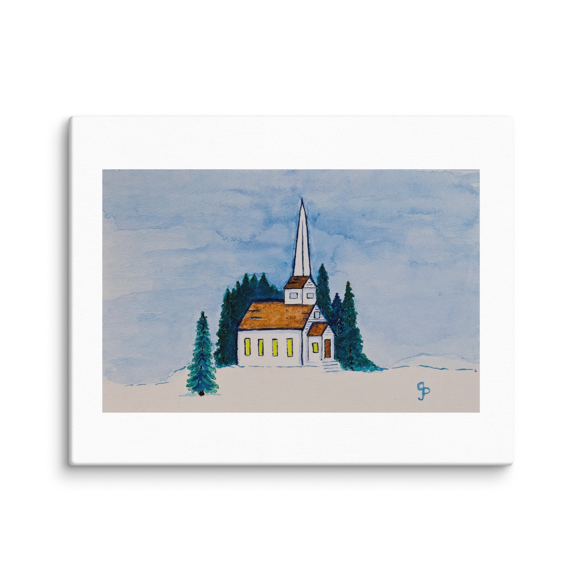 Painting of a church with a steeple surrounded by trees on a white background