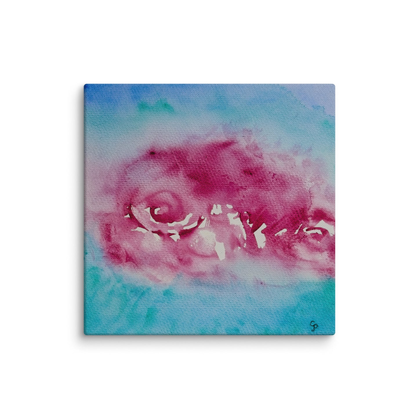 Abstract painting with pink and blue hues on a white background