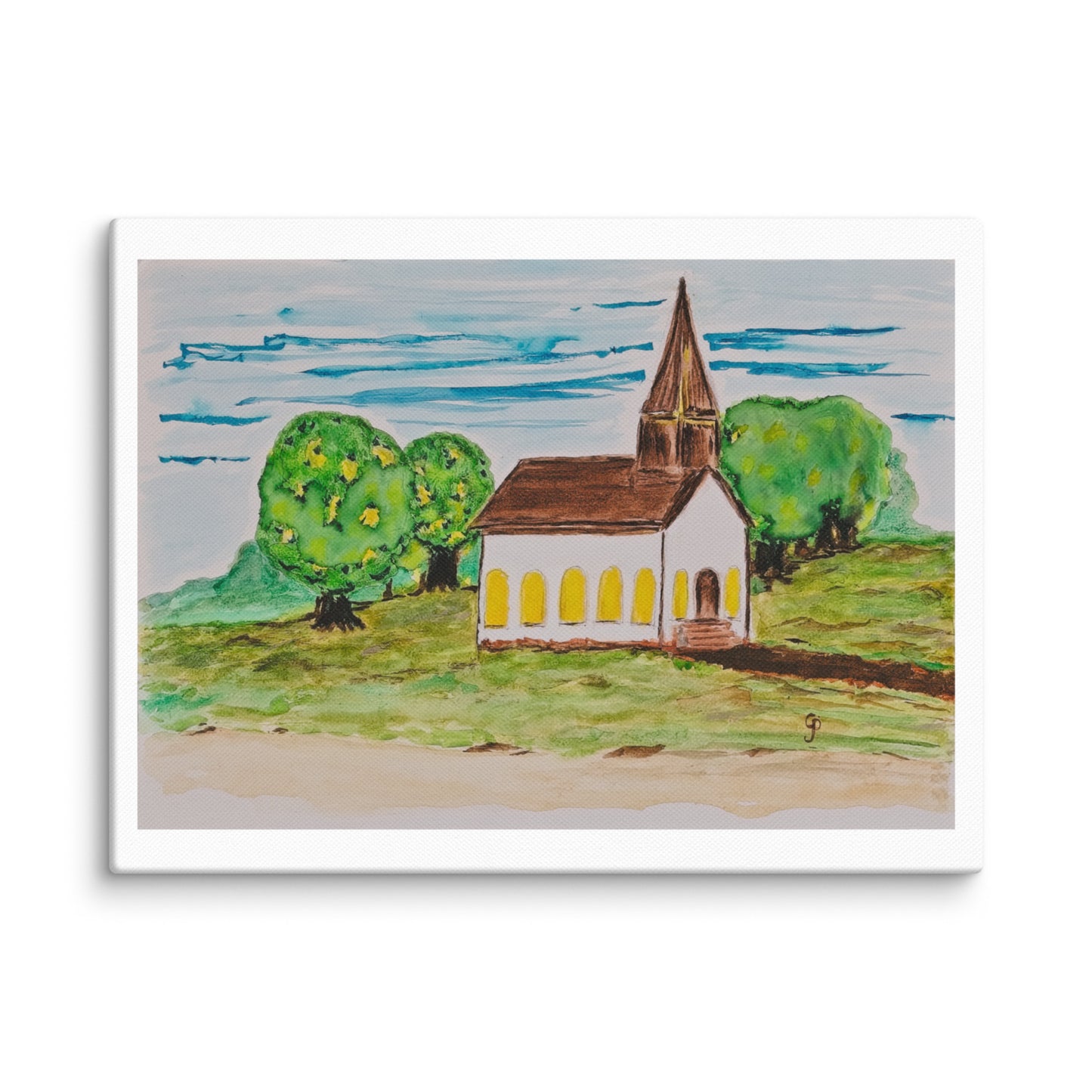 Painting of a small church with a steeple in a green landscape.