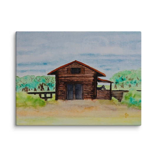 Painting of a wooden barn and mule with trees and sky in the background