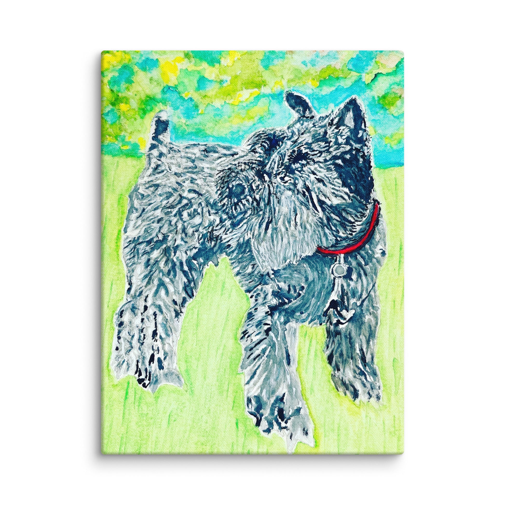 Painting of a dog with a colorful abstract background