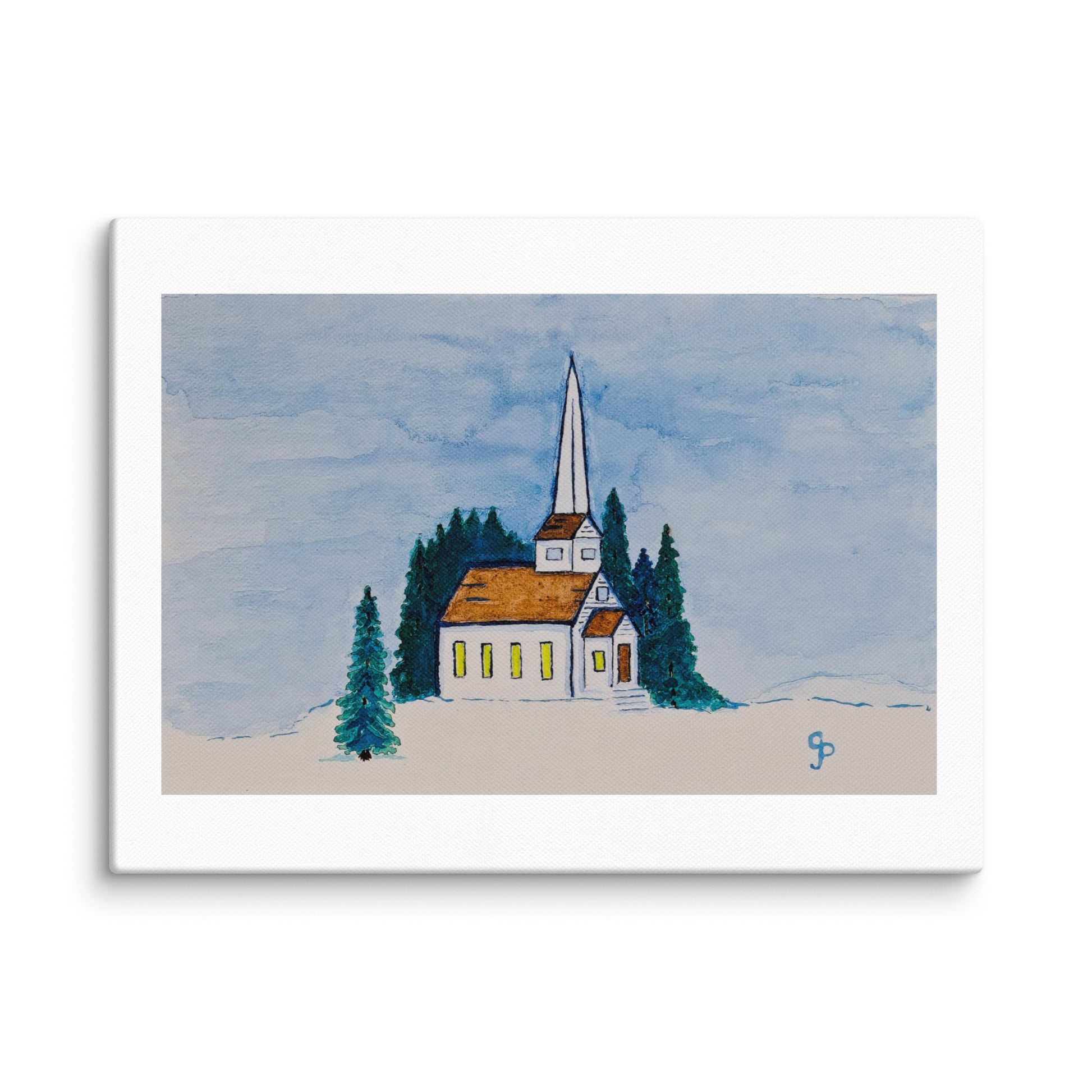 Painting of a church with a steeple surrounded by trees on a snowy landscape.