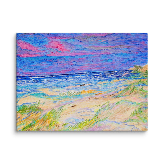 Painting of a beach scene with a colorful sky.