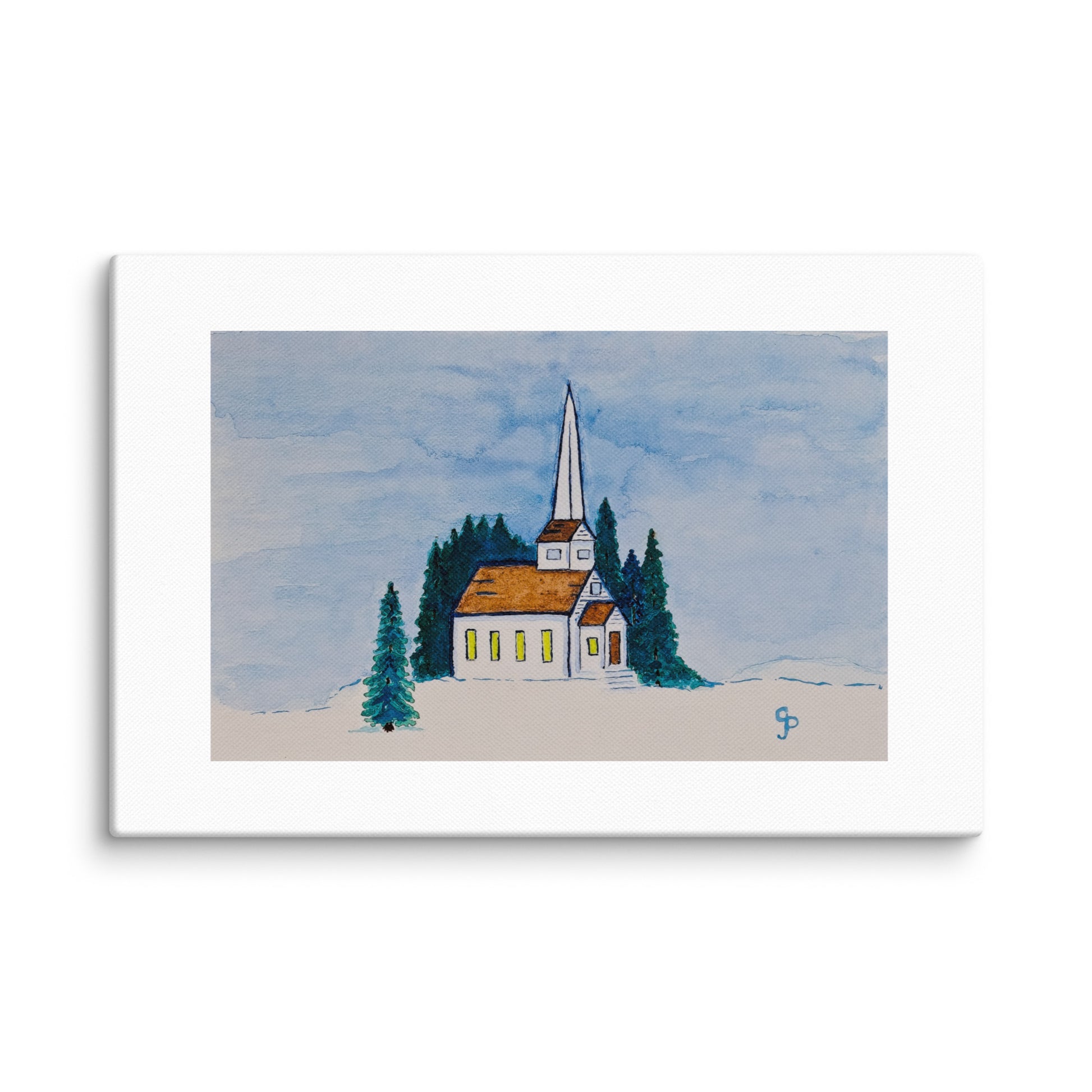 Painting of a church surrounded by trees with a blue sky.