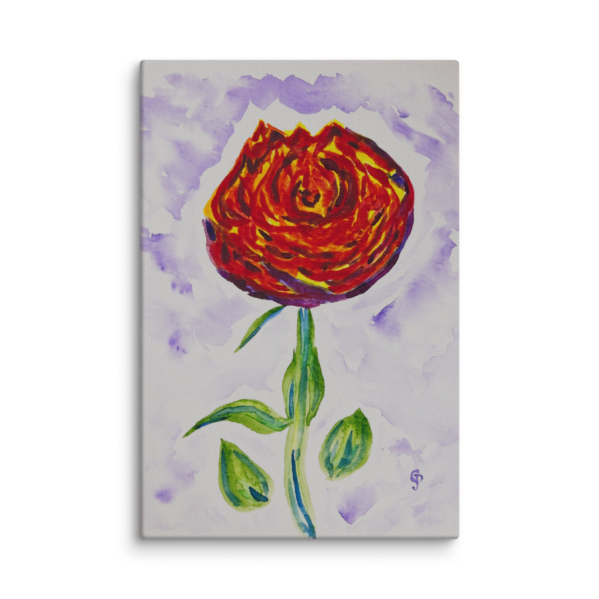 Canvas print of a red rose with green leaves on a light purple background