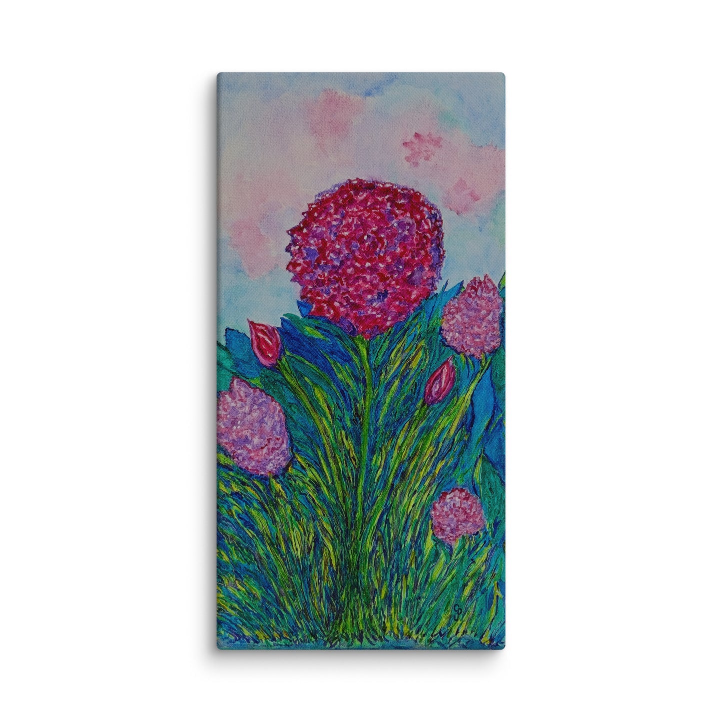 Canvas print of a colorful floral design with pink flowers and green leaves on a white background.