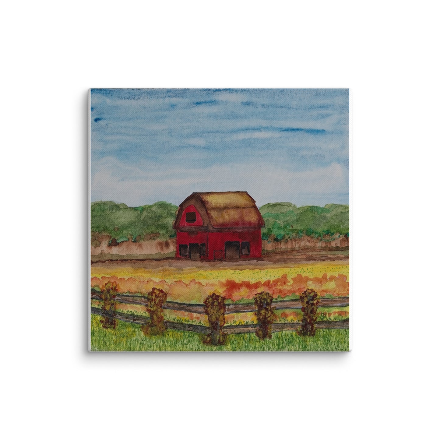 Golden autumn fields stretch toward a weathered red barn, its rust-stained roof catching late harvest light. Warm ochres and burnt sienna washes blend across the pastoral landscape, while delicate fence posts frame the foreground. Rich watercolor blooms suggest ripening crops, capturing rural America's timeless rhythm between seasons.