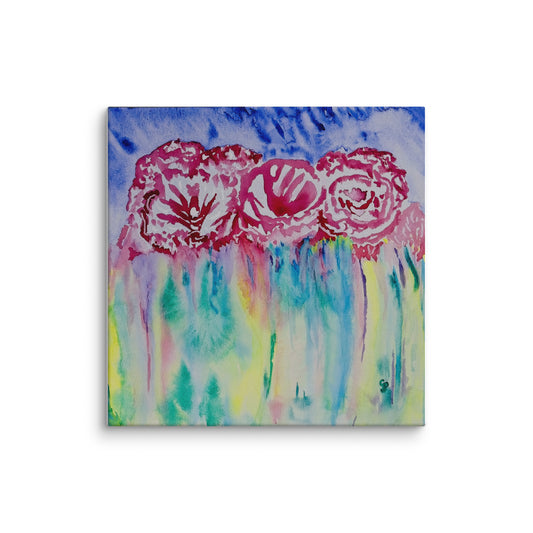 Bold pink roses emerge from flowing vertical washes of turquoise, yellow, and lavender that cascade downward like gentle rain. The wet-on-wet technique creates organic color bleeds while expressive brushwork captures the roses' essence against a dramatic blue sky, blending realism with pure abstraction.