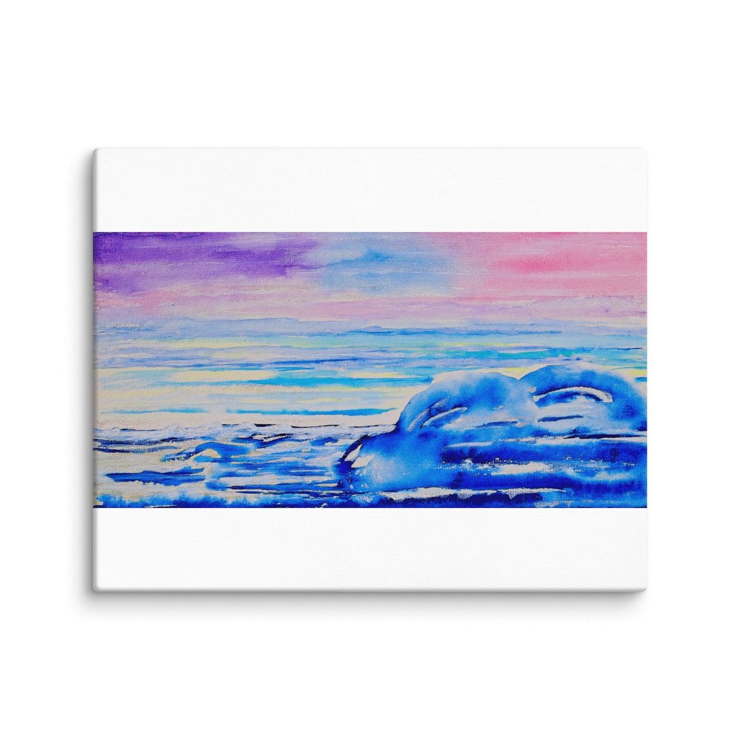 Canvas print of a watercolor landscape with a blue sky and ocean.