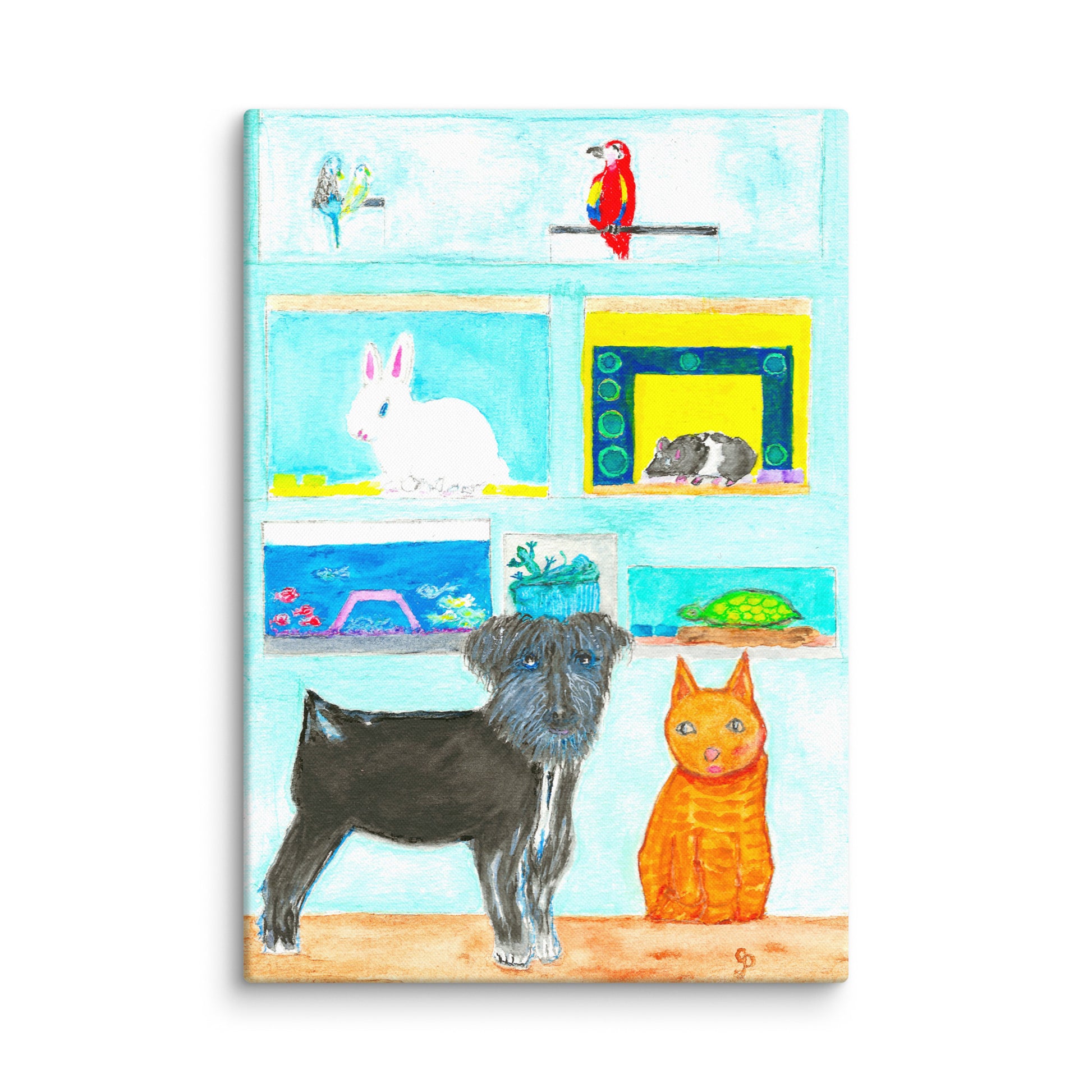 Illustration of a dog and cat on a shelf with various animals in the background