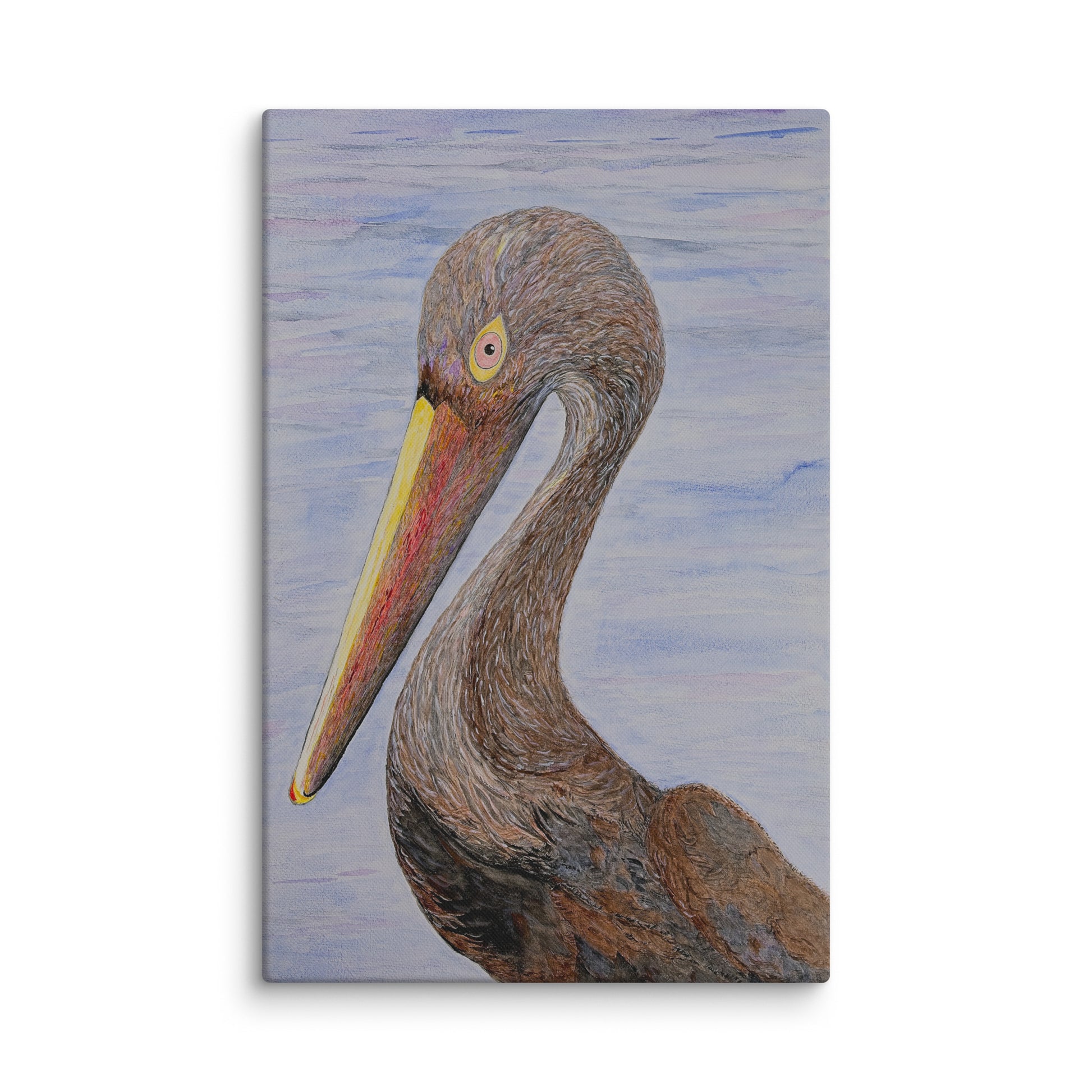 Canvas print of a heron with a blue watercolor background