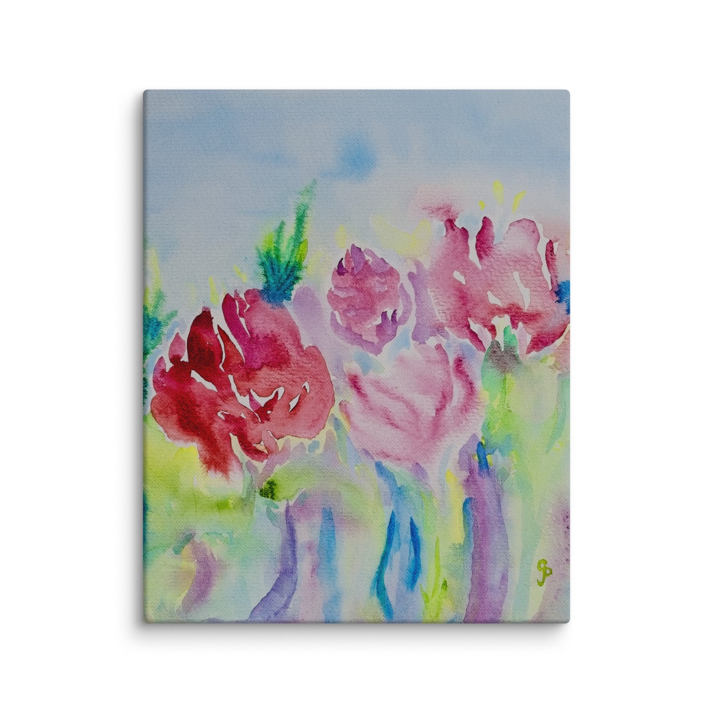 Canvas print with watercolor flowers on a light blue background