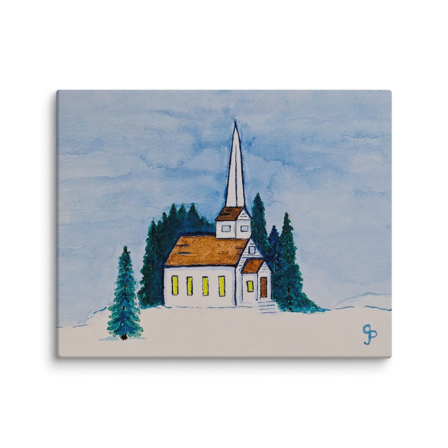 Painting of a church surrounded by trees with a blue sky.