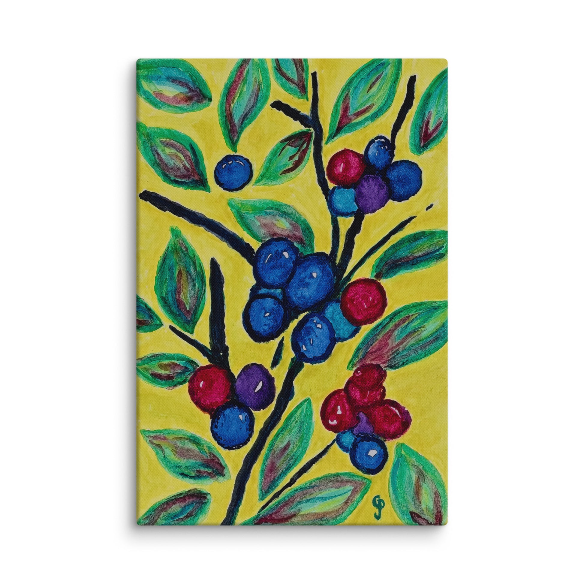 Colorful painting of blueberries and leaves on a yellow background