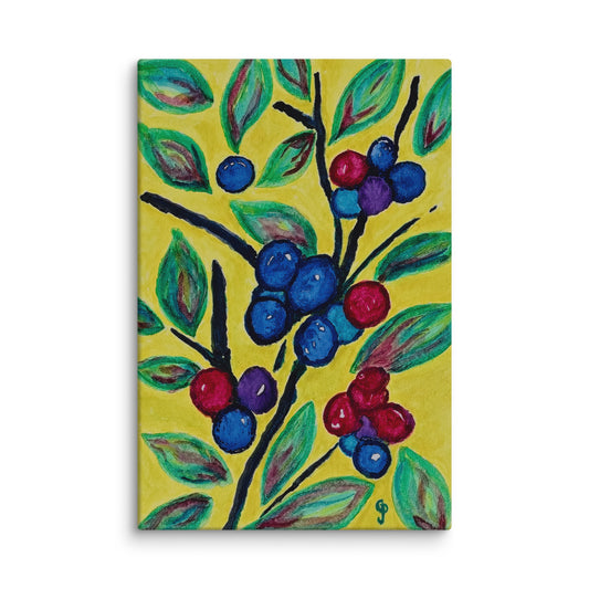 Colorful painting of blueberries and leaves on a yellow background