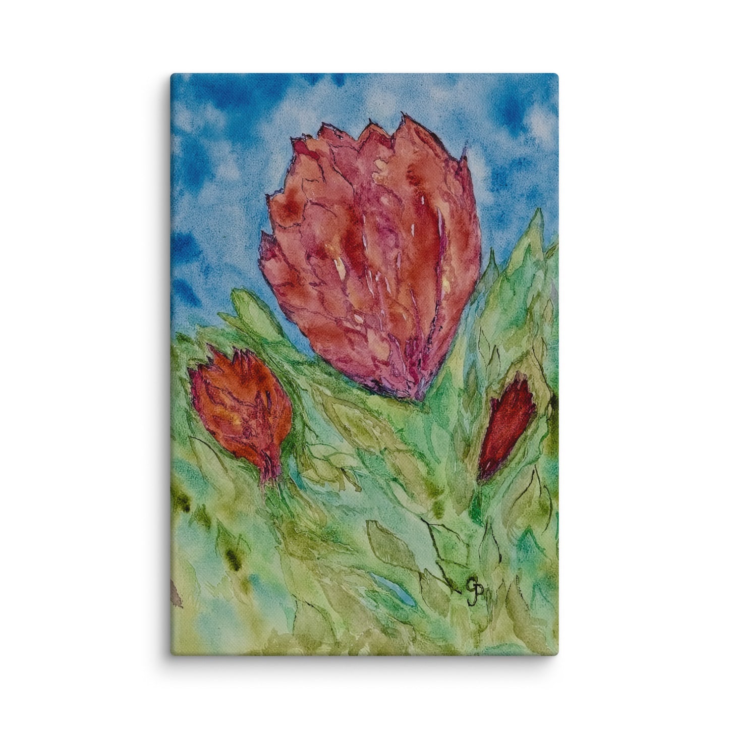 Canvas of a red tulip on a blue and green background